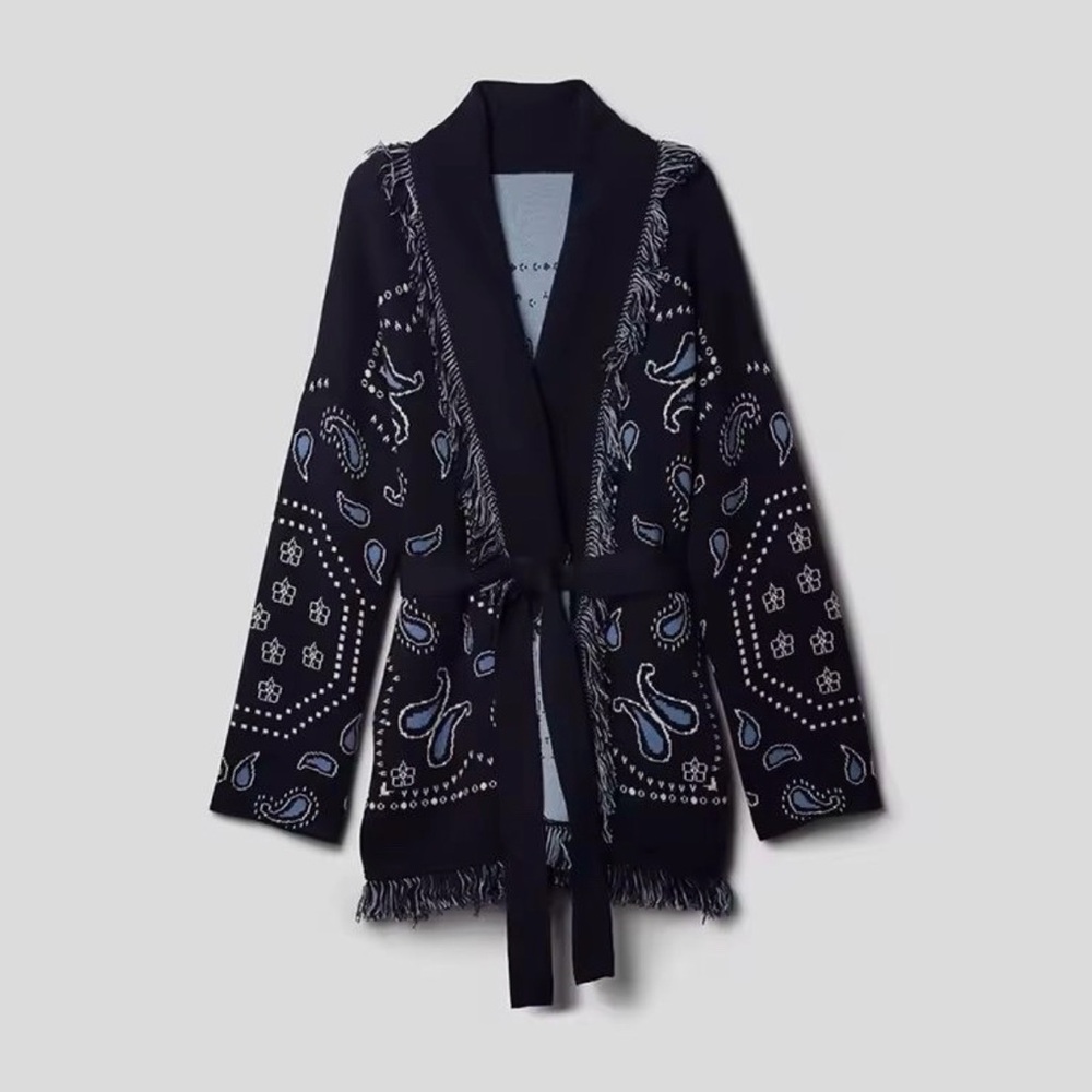 Blue Wrap Fringe Paisley Cardigan - size Large